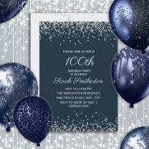 Navy Blue Silver Diamond Glitter 100th Birthday