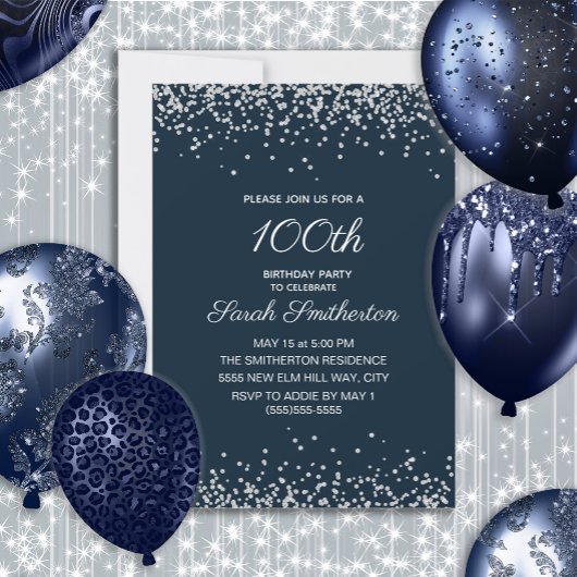 Navy Blue Silver Diamond Glitter 100th Birthday Kaart