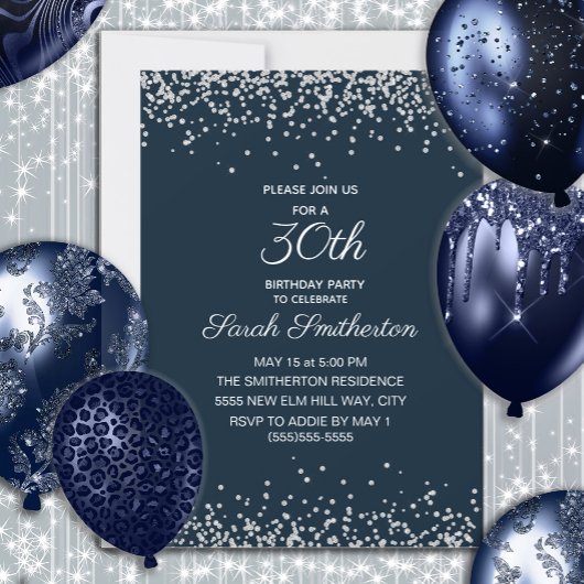 Navy Blue Silver Diamond Glitter 30th Birthday Kaart