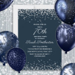 Navy Blue Silver Diamond Glitter 70th Birthday Kaart<br><div class="desc">Elegant and chic navy blue 70th verjaardagsfeest uitnodiging voor vrouwen met mousserende glitter en een witte kalligrafie / scripttekst. De tekst en de doopvonten zijn volledig klantgericht op deze uitnodiging zodat kunt u dit veranderen om voor om het even welke leeftijd te werken. Neem contact met ons op voor hulp...</div>