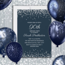 Navy Blue Silver Diamond Glitter 90th Birthday