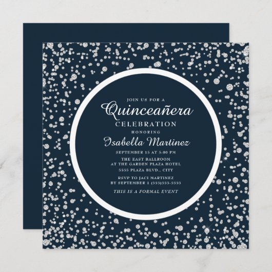 Navy Blue Silver Diamond Glitter Quinceañera Kaart (Voorkant / Achterkant)