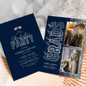 Navy Blue Silver Double Graduation Party Kaart