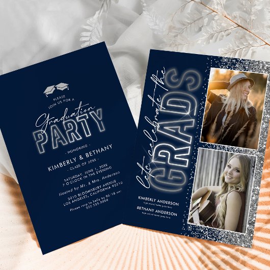 Navy Blue Silver Double Graduation Party Kaart