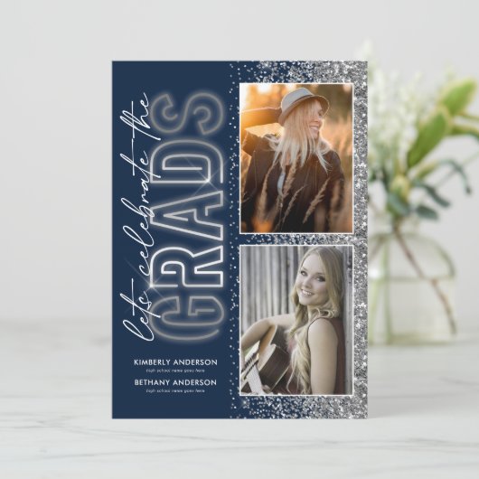Navy Blue Silver Double Graduation Party Kaart (Staand voorkant)