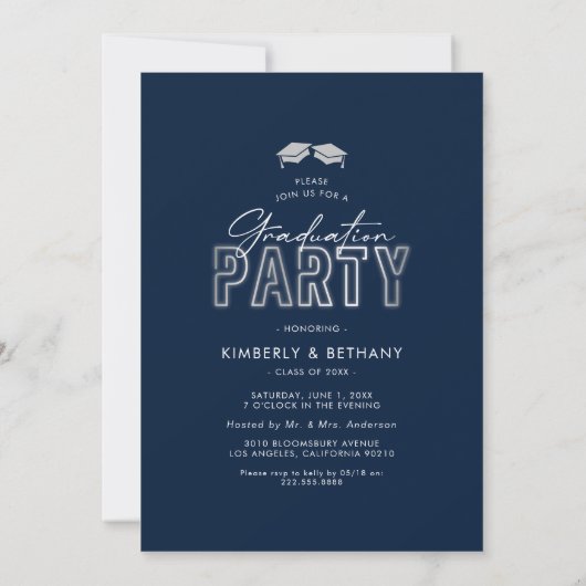 Navy Blue Silver Double Graduation Party Kaart (Achterkant)