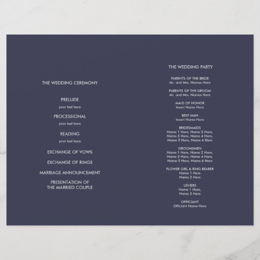 Navy blue | Silver Elegant Folded Wedding Programm (Achterkant)
