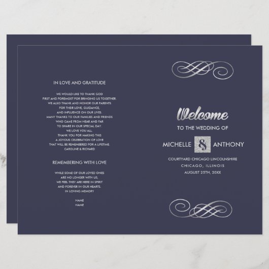 Navy blue | Silver Elegant Folded Wedding Programm (Voorkant / Achterkant)