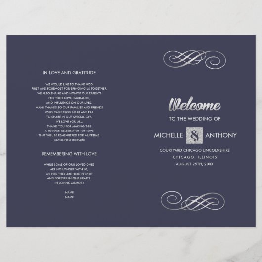 Navy blue | Silver Elegant Folded Wedding Programm (Voorkant)