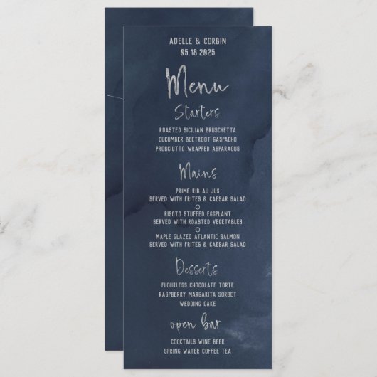 Navy Blue Silver Fancy Calligrafiescript Weddensch Menu (Voorkant / Achterkant)