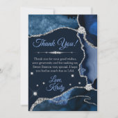 Navy Blue & Silver Faux Glitter Agate Sweet 16 Bedankkaart (Voorkant)