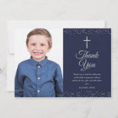 Navy Blue Silver First Heilige Commune Foto Bedankkaart (Voorkant)