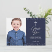 Navy Blue Silver First Heilige Commune Foto Bedankkaart (Staand voorkant)