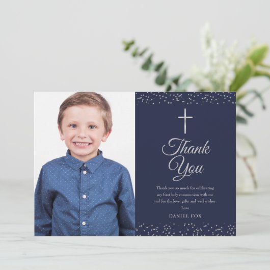 Navy Blue Silver First Heilige Commune Foto Bedankkaart (Staand voorkant)