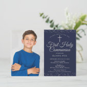 Navy Blue Silver First Heilige Commune Foto Kaart (Staand voorkant)