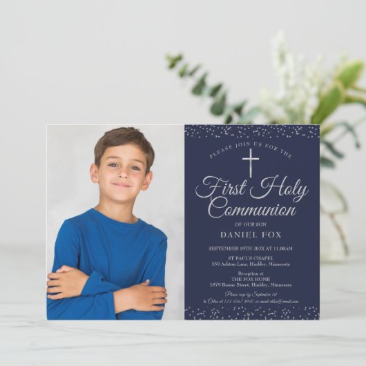 Navy Blue Silver First Heilige Commune Foto Kaart (Staand voorkant)