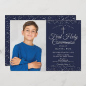 Navy Blue Silver First Heilige Commune Foto Kaart (Voorkant / Achterkant)