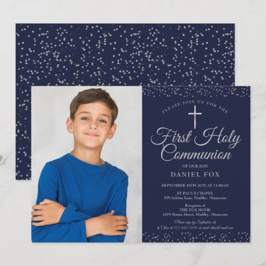 Navy Blue Silver First Heilige Commune Foto Kaart (Voorkant / Achterkant)