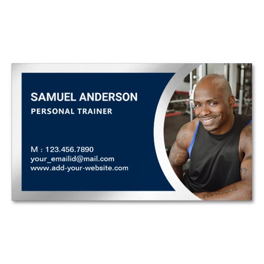 Navy Blue Silver Fitness Personal Trainer Foto Magnetisch Visitekaartje (Voorkant)