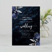 Navy Blue Silver Floral Elegant Wedding Folie Uitnodiging (Staand Voorkant)