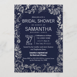 Navy Blue Silver Floral Glitter Vrijgezellenfeest Kaart