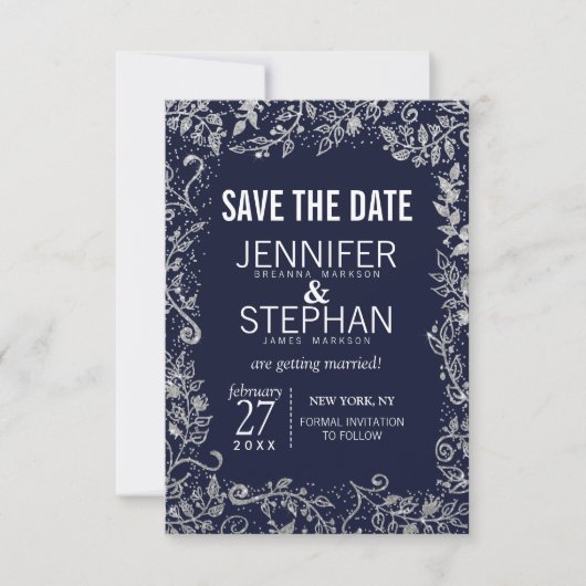 Navy Blue Silver Floral Glitter Wedding Save The Date (Voorkant)