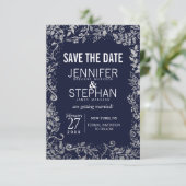 Navy Blue Silver Floral Glitter Wedding Save The Date (Staand voorkant)