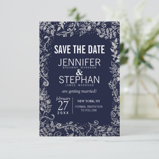 Navy Blue Silver Floral Glitter Wedding Save The Date (Staand voorkant)