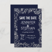 Navy Blue Silver Floral Glitter Wedding Save The Date (Voorkant / Achterkant)