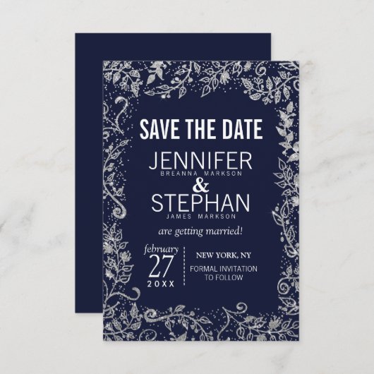Navy Blue Silver Floral Glitter Wedding Save The Date (Voorkant / Achterkant)