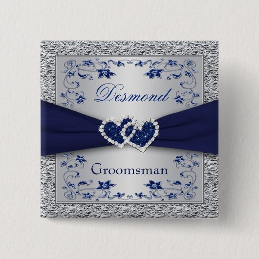 Navy Blue, Silver Floral Groomsman Wedding Pin Vierkante Button 5,1 Cm (Voorkant)