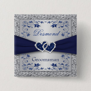 Navy Blue, Silver Floral Groomsman Wedding Pin Vierkante Button 5,1 Cm