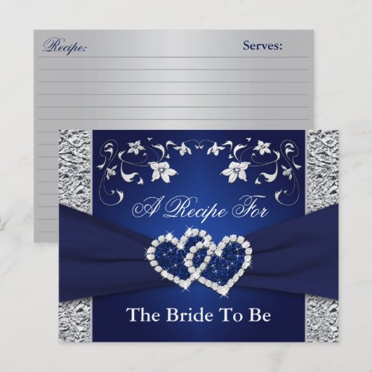 Navy Blue, Silver Floral Hearts Recept Kaart (Voorkant / Achterkant)