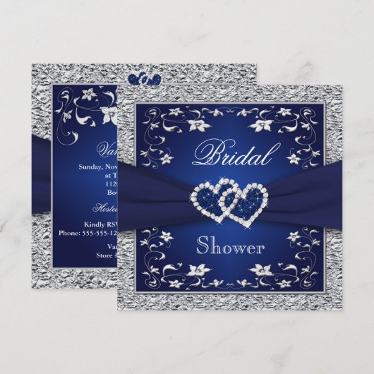 Navy Blue, Silver Floral, Hearts Vrijgezellenfeest Kaart (Voorkant / Achterkant)