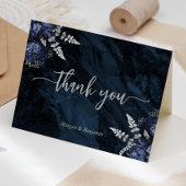 Navy Blue Silver Floral Script Wedding Bedankkaart