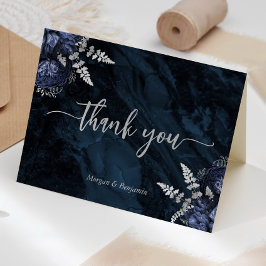 Navy Blue Silver Floral Script Wedding Bedankkaart