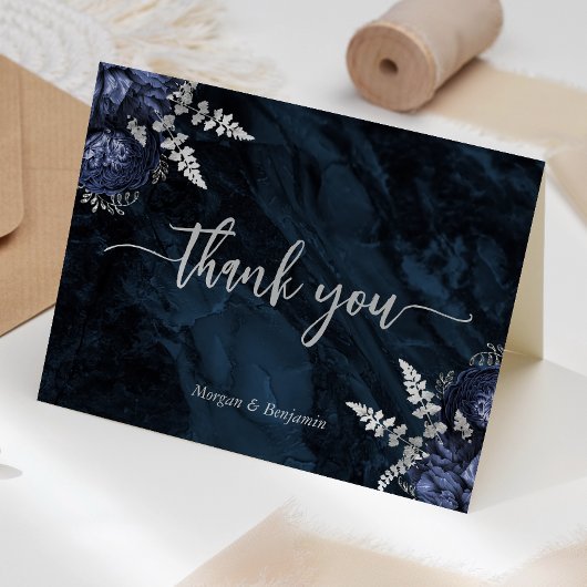 Navy Blue Silver Floral Script Wedding Bedankkaart