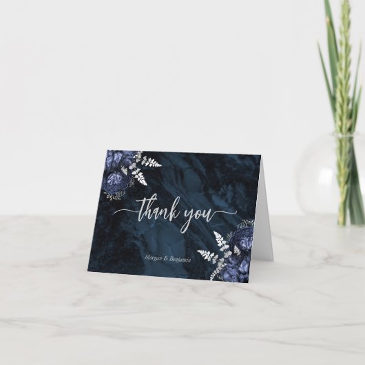 Navy Blue Silver Floral Script Wedding Bedankkaart (Voorkant)