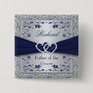 Navy Blue, Silver Floral Vader van Groom Pin Vierkante Button 5,1 Cm