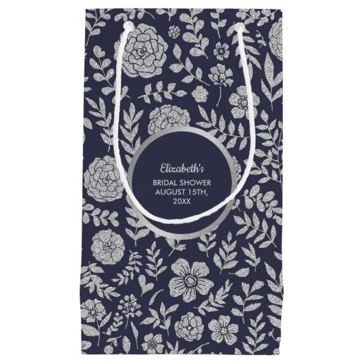 Navy Blue Silver Floral Vrijgezellenfeest Hartelij Klein Cadeauzakje (Voorkant)