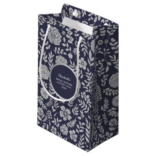 Navy Blue Silver Floral Vrijgezellenfeest Hartelij Klein Cadeauzakje (Voorkant Gekanteld)