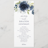 Navy Blue Silver Floral Waterverf Wedding Programmakaart (Voorkant)