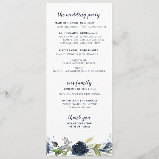 Navy Blue Silver Floral Waterverf Wedding Programmakaart (Achterkant)