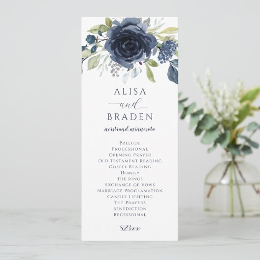 Navy Blue Silver Floral Waterverf Wedding Programmakaart (Staand voorkant)