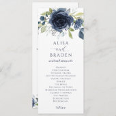 Navy Blue Silver Floral Waterverf Wedding Programmakaart (Voorkant / Achterkant)