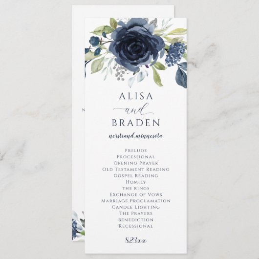 Navy Blue Silver Floral Waterverf Wedding Programmakaart (Voorkant / Achterkant)