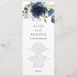 Navy Blue Silver Floral Waterverf Wedding Programmakaart