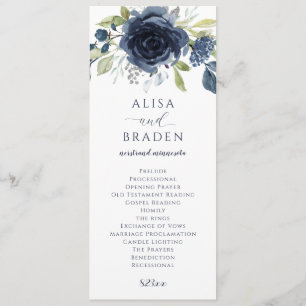 Navy Blue Silver Floral Waterverf Wedding Programmakaart