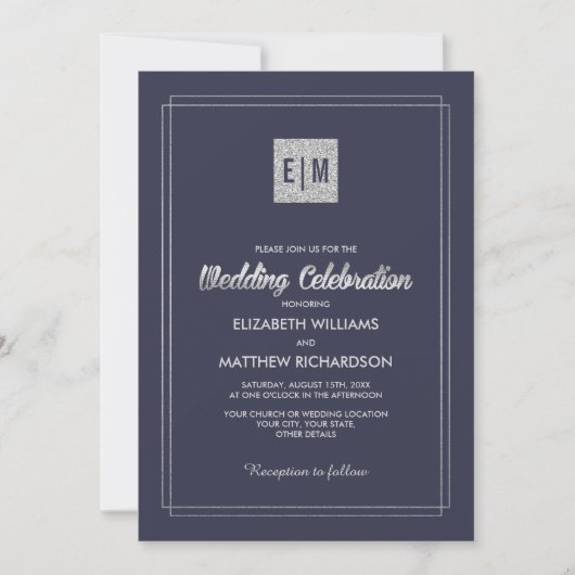 Navy blue | Silver Floral Wedding Kaart (Voorkant)