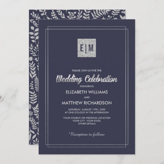 Navy blue | Silver Floral Wedding Kaart (Voorkant / Achterkant)